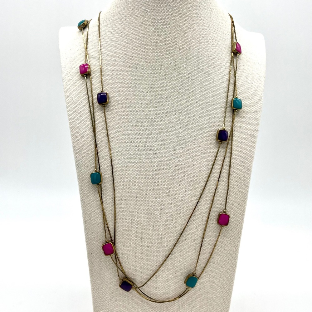 Colorful Square Bead Necklace‎ Gold Tone Chain Layered Fashion Jewelry